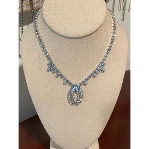 Vintage blue rhinestone wedding necklace / vintage bling faux diamond necklace